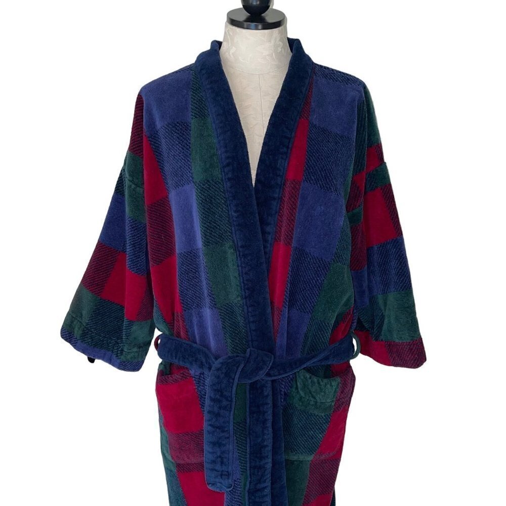 Perry Ellis Vintage Mens Robe One Size Multicolor Checkerboard Plaid Pure Cotton